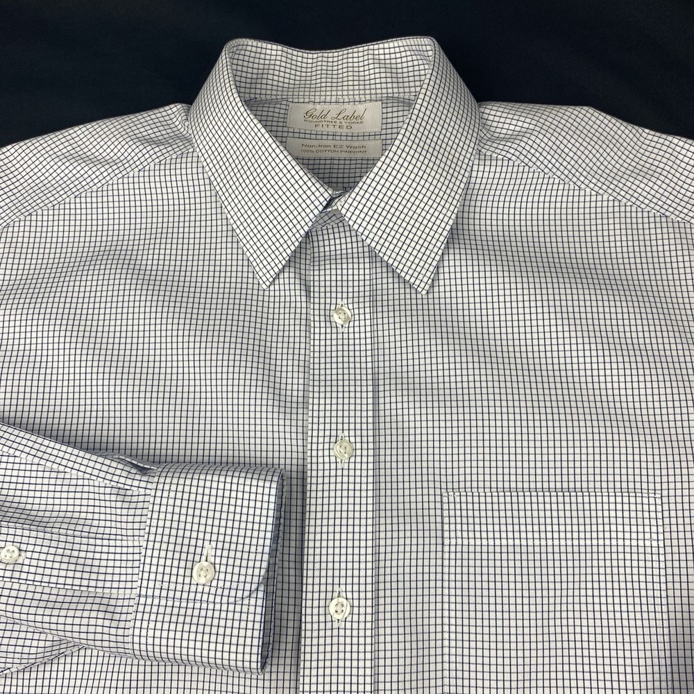 Roundtree & Yorke Gold Label Dress Shirt Mens 16.5-34 White w/Blue Checks Fitted